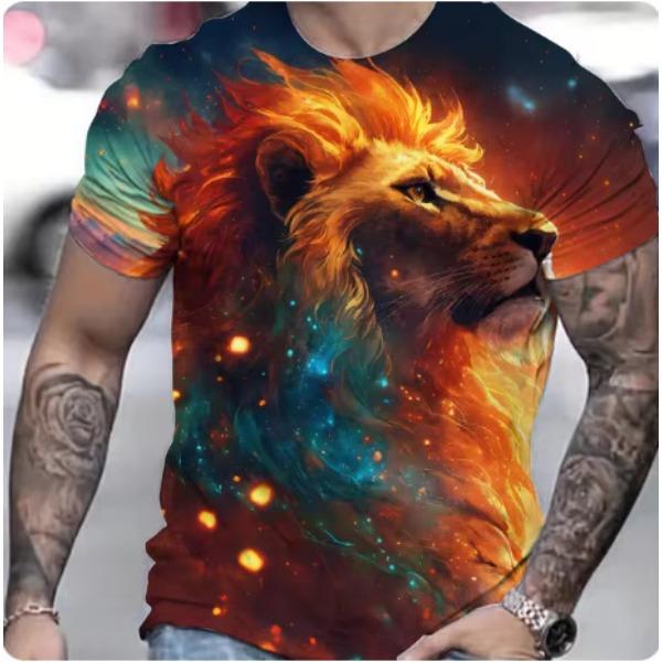 Summer Casual Men's Clothing Oversized Loose Lion Pattern Printed Short Sleeved Round Neck Fitness T-shirts