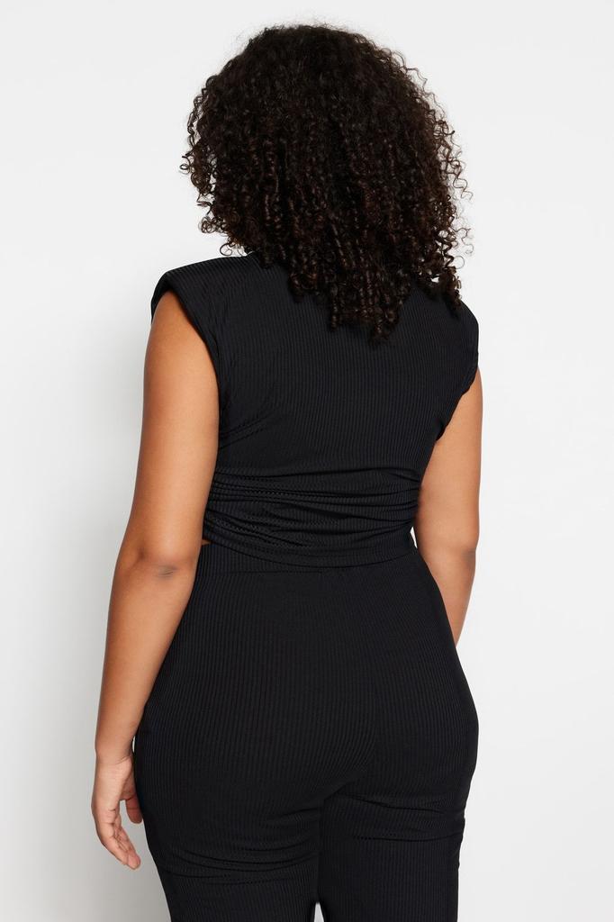 Women's Style Plus Size Black Side Gathered Padded Knitted Crop Blouse