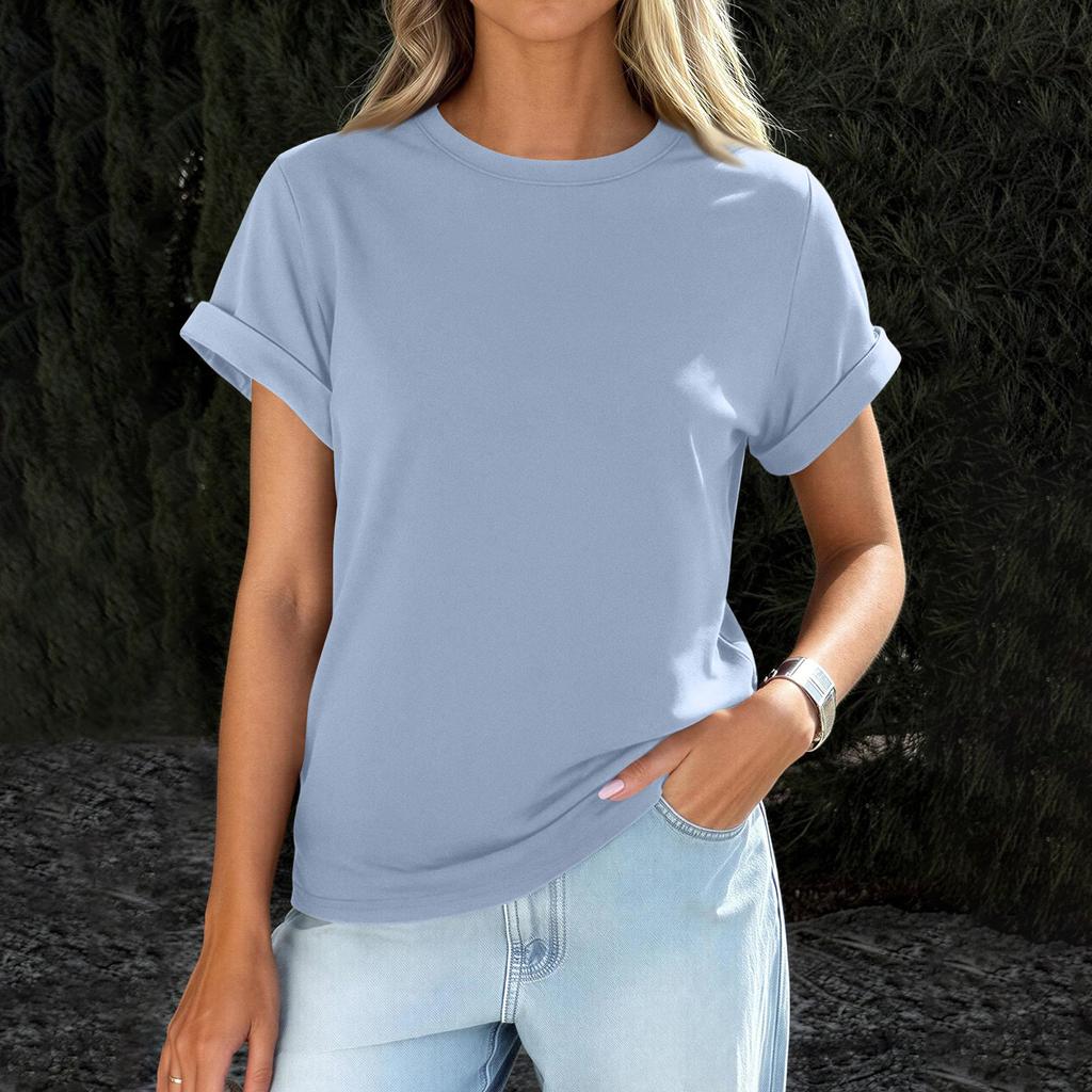 Womens  Casual Rolled Short Sleeve Basic Tees Fashion Tops