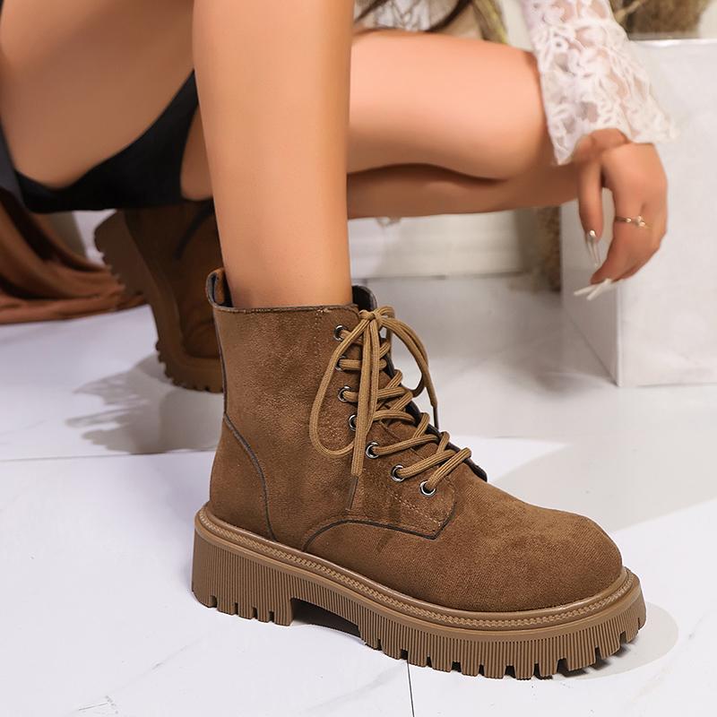 Dark Borwn Platform Ankle Boots for Women Side Zipper Thick Bottom Motorcycle Shoes Woman Punk Style Lace Up Fashion Boots Mujer