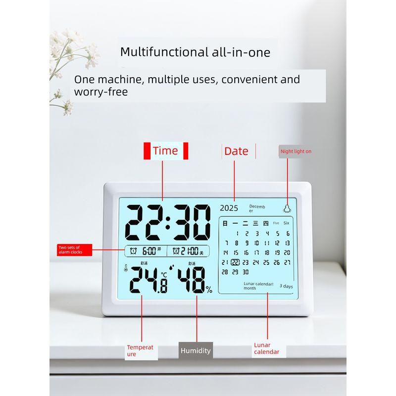 Indoor Electronic Temperature and Humidity Meter with Lcd Display, High-Precision Measurement, Perpetual Calendar, Alarm Clock, and Night Light Clock