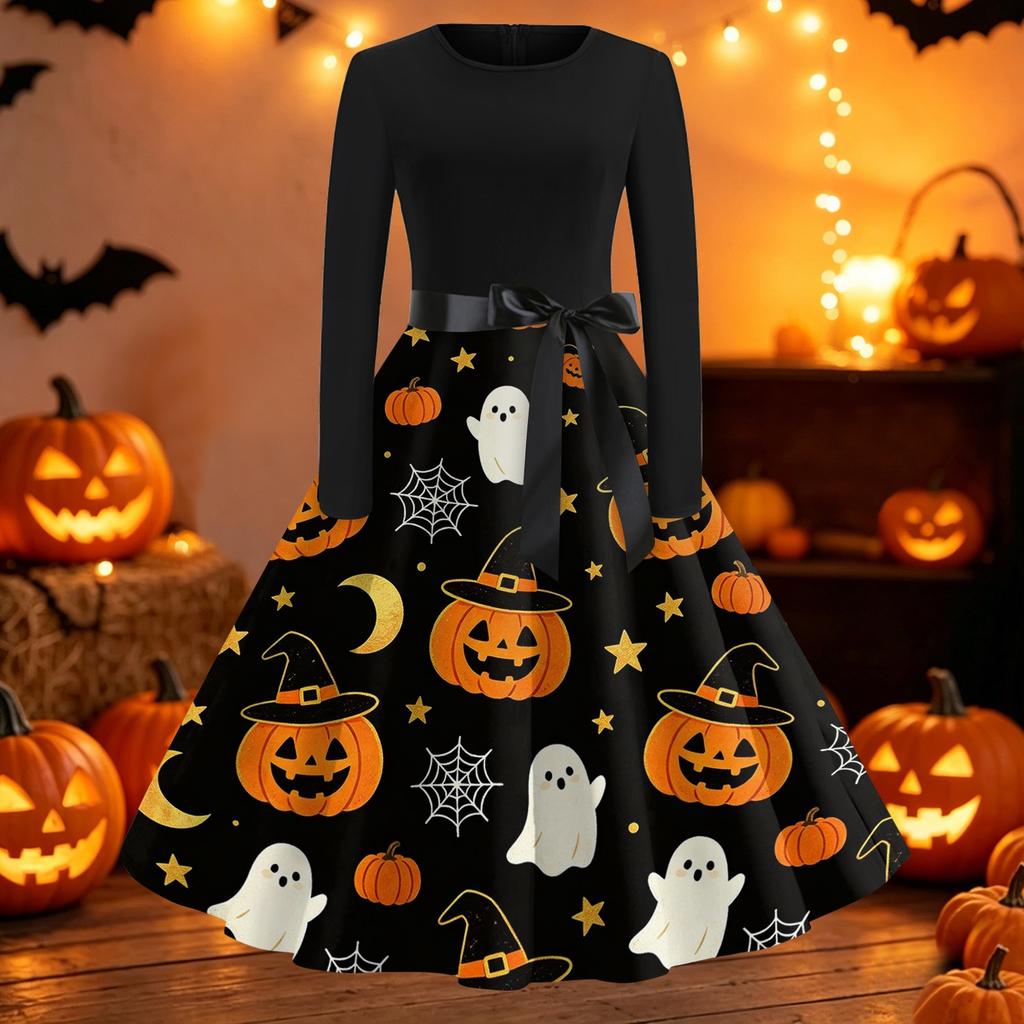 Women's Casual Long Sleeve Fit and Flare Dress Round Neck Halloween Print Full Skirt Midi Dress with Waist Tie for Everyday Wear