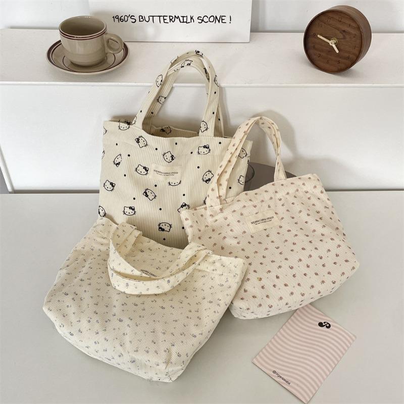 Corduroy Floral Handbag, Simple Tote Bag for Work, Lunch Bento Bag, Shopping Bag