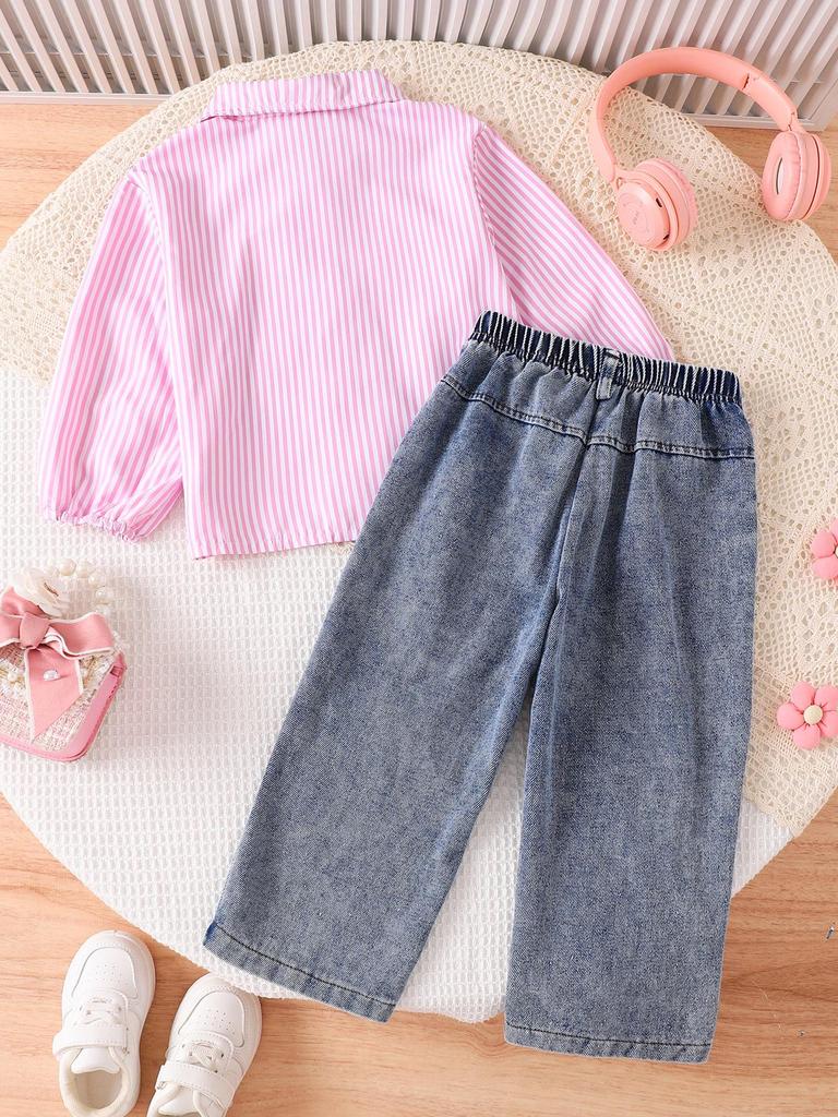 Trendy Girls' Pink Striped Shirt & Ripped Jeans Casual Set