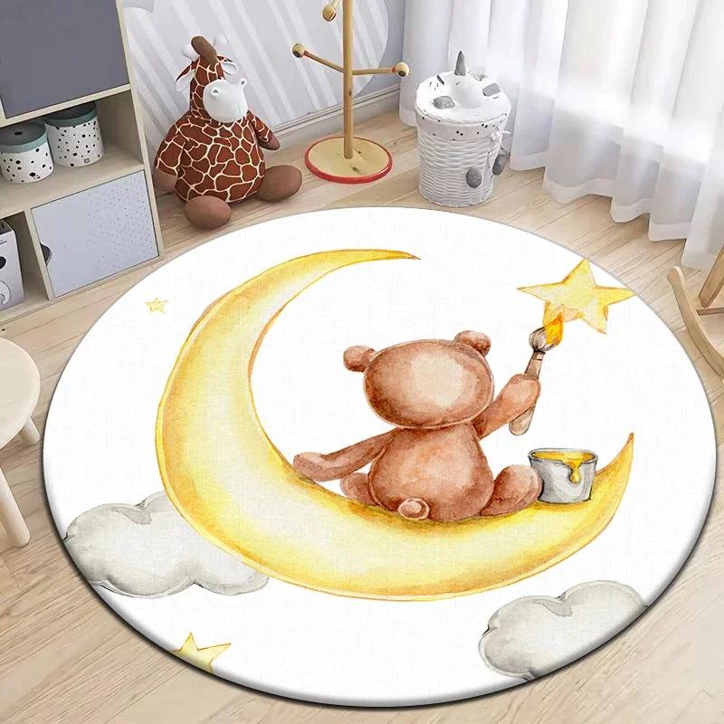 Cartoon Cute Little Bear Animals Round Carpet for Living Room Decor Kid's Bedroom Play Floor Mat Anti-Slip Camping Picnic Mats