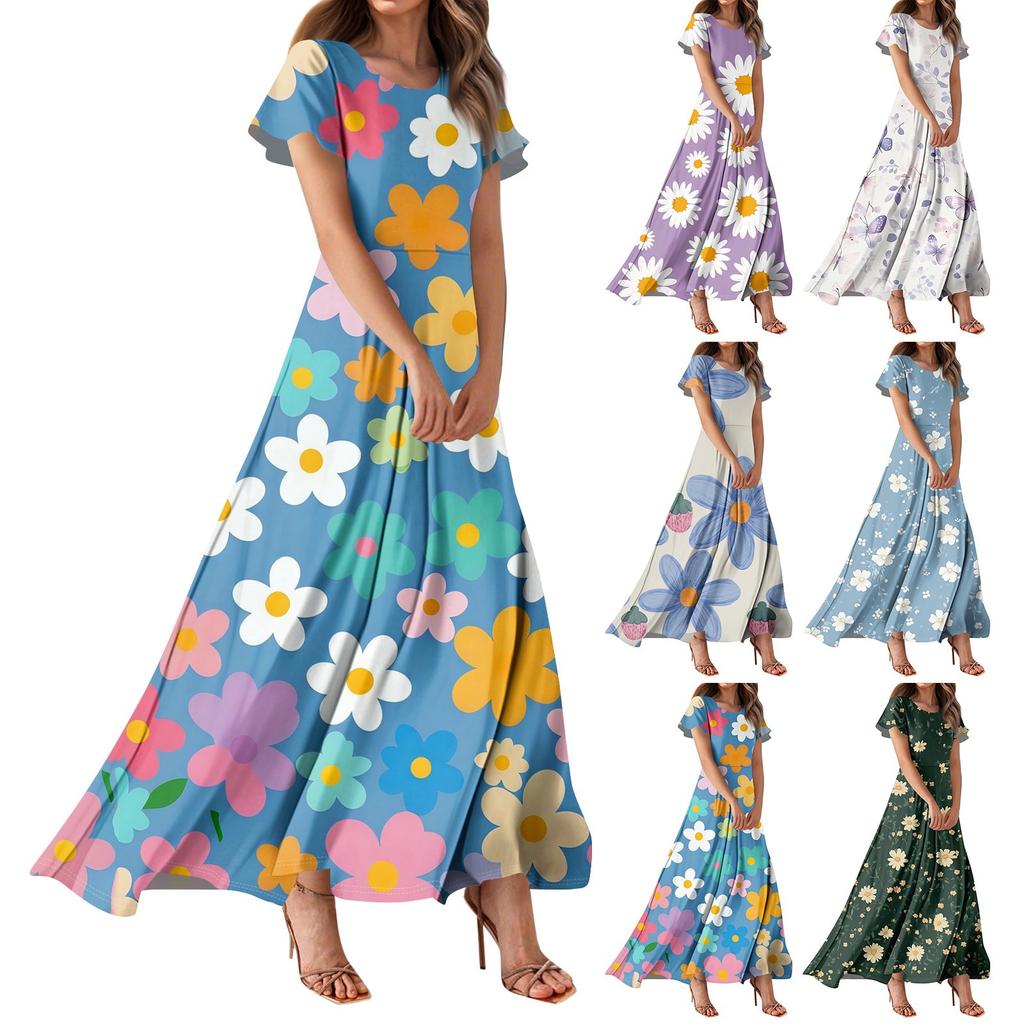 Women's Hawaiian Print Casual Round Neck Short Sleeve High Waist Dress