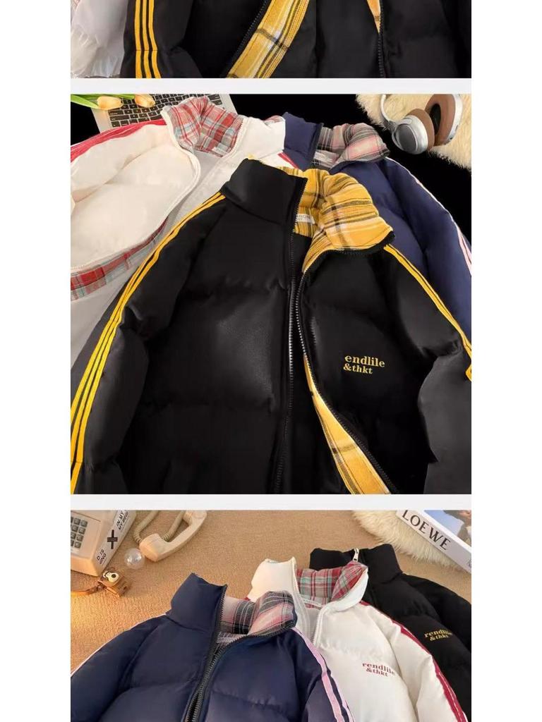 Men's Trendy American Style Striped Patchwork Cotton Puffer Jacket - Winter 2025 Warm and Thickened Outerwear