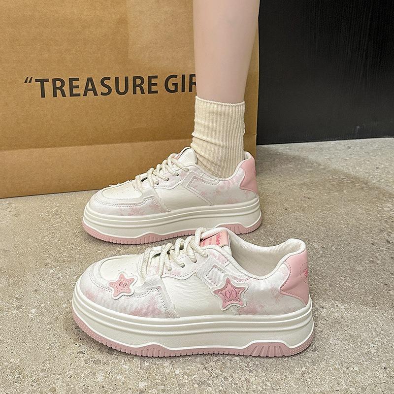 Women's Spring Pink Campus Puffy Thick-Soled White Casual Sports Board Shoes For Petite Frames.