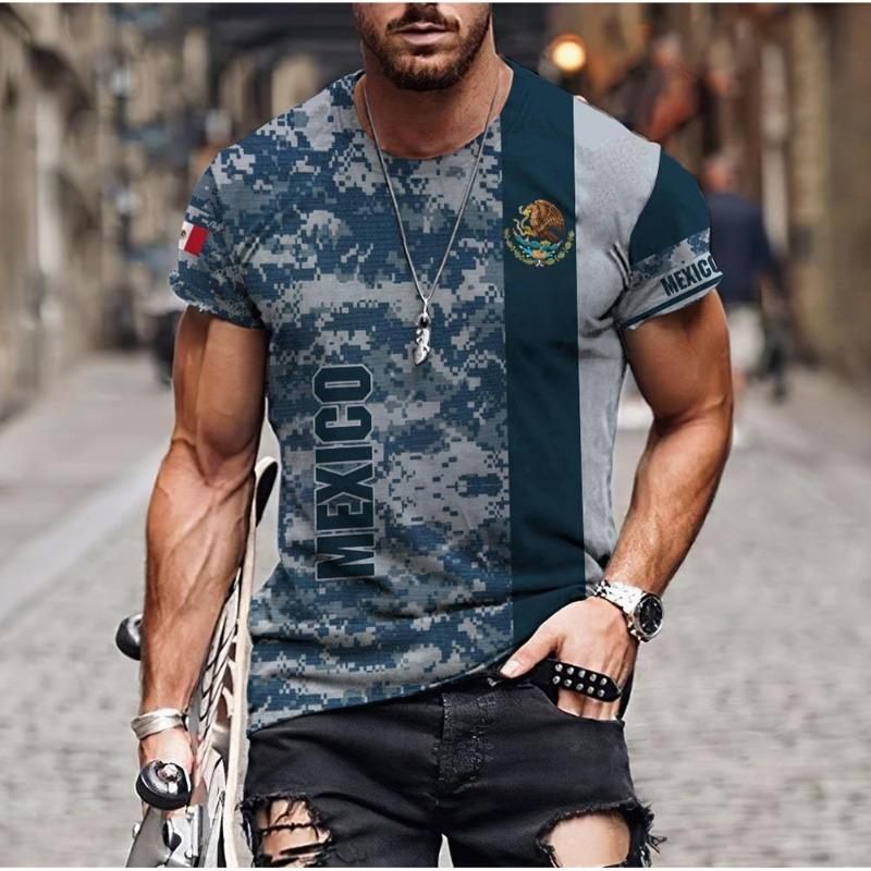 Short Sleeved Men's 3D T-shirt with Letter Print Round Neck Casual Sports T-shirt