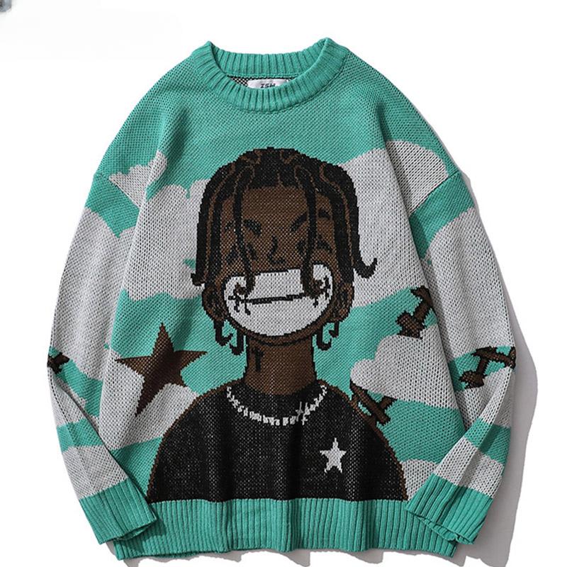 Vintage Cartoon Anime Gestrickte Pullover Männer Winter Übergroßen männer Rock Hip Hop Rap Pullover Frauen Jumper Hässliche Pullover
