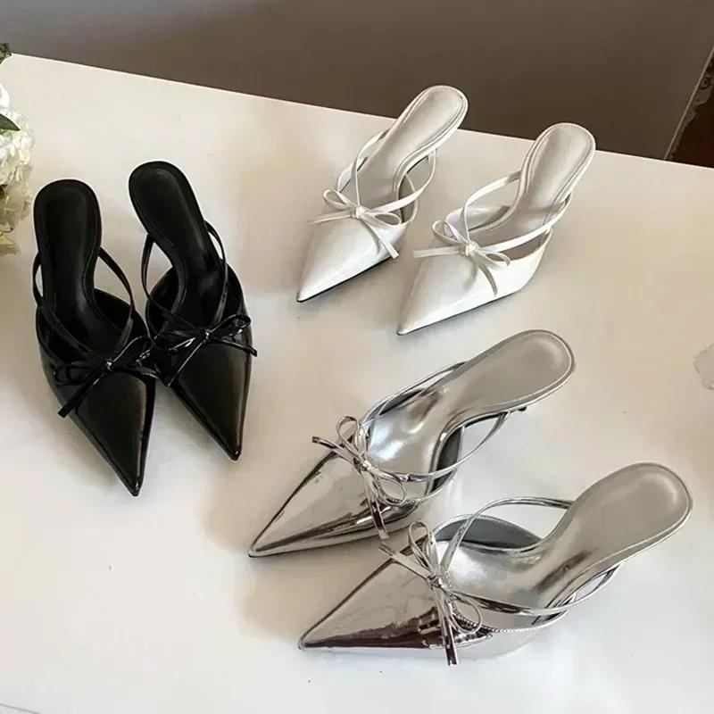 Fashion Elegant Thin High Heel Slide Sandals Women Fashion Butterfly-knot Pointed Toe Women Slippers Sexy Party Dress Shoes Luxury Heels