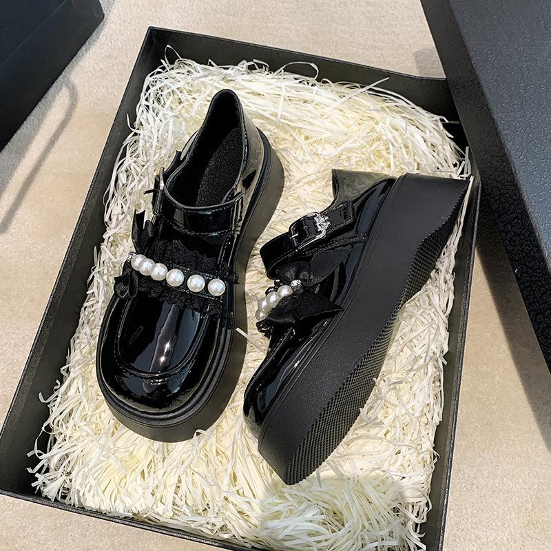 Platform Mary Jane small leather shoes spring and autumn new bow pearl French retro with skirt jk single shoes