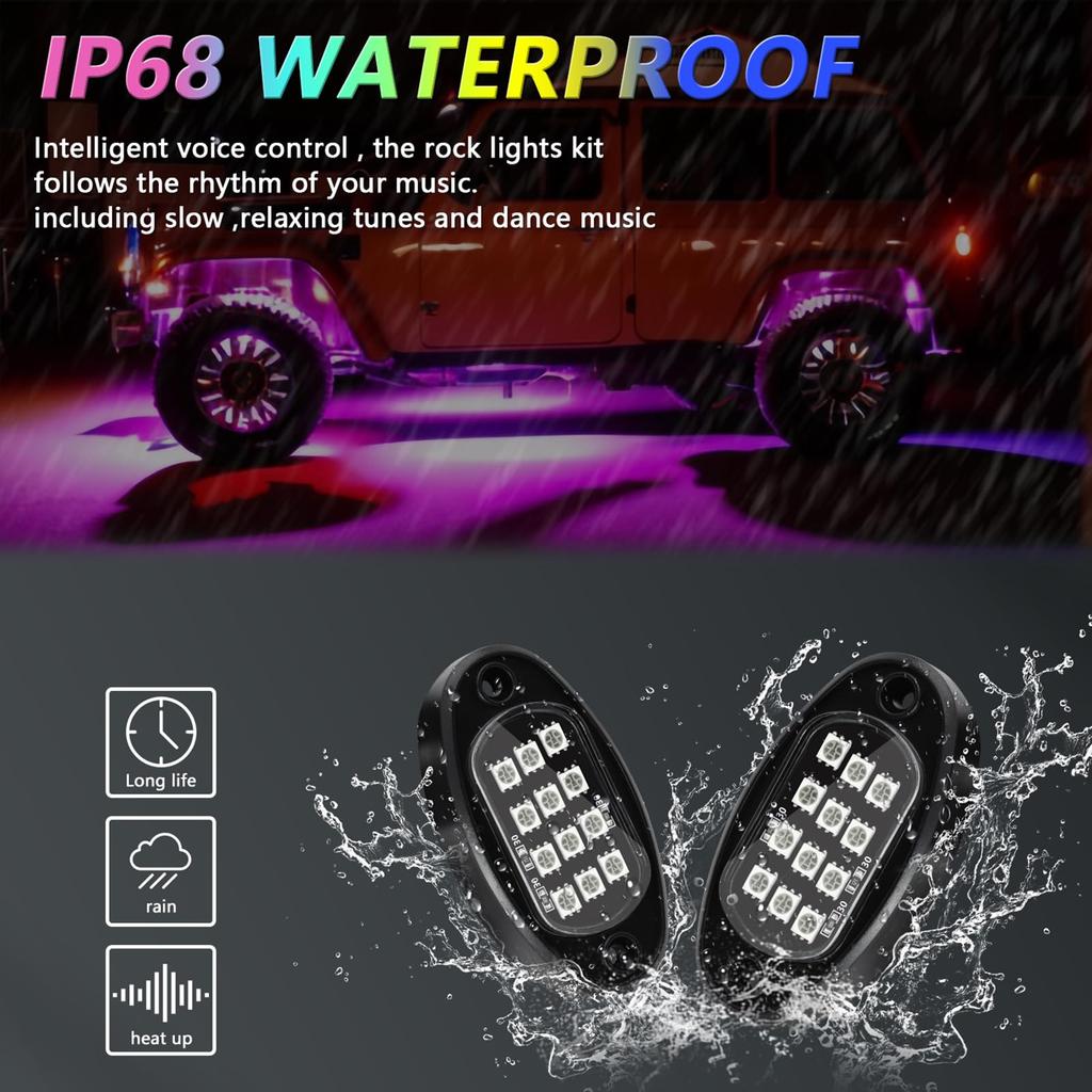 LED Rock 8 LEDs mit Einstellbarer APP Bluetooth und Musikfunktion für und UTVs Lichter, Mehrfarbige Helligkeit, Wasserdicht, Kompatibel, Synchronisation, SUVs,