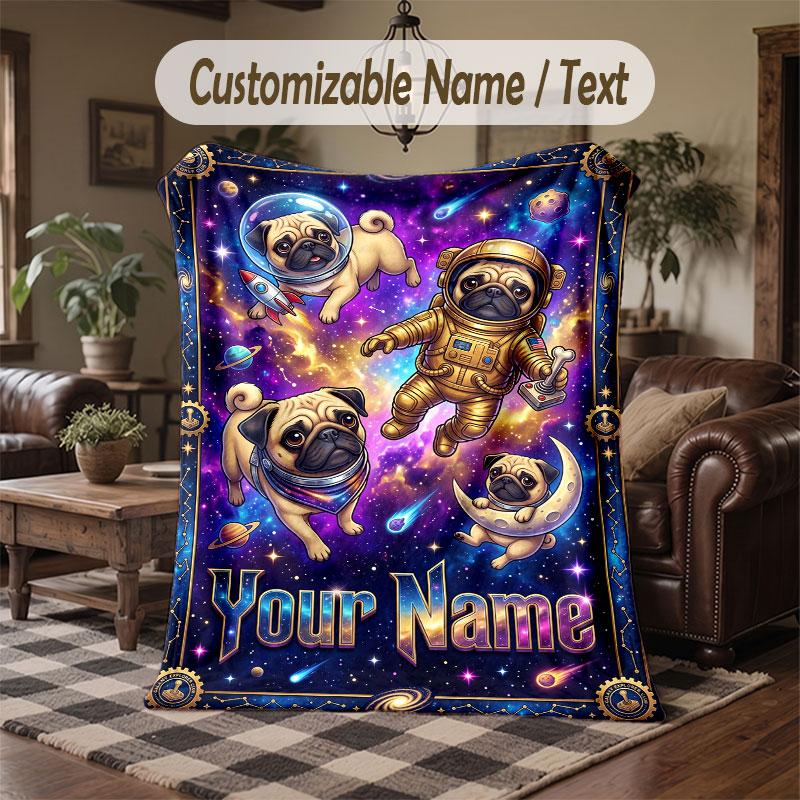 Pug Theme Throw Blanket Custom Name Text Personalized Blanket Soft Cozy Blanket for Home Sofa Bed