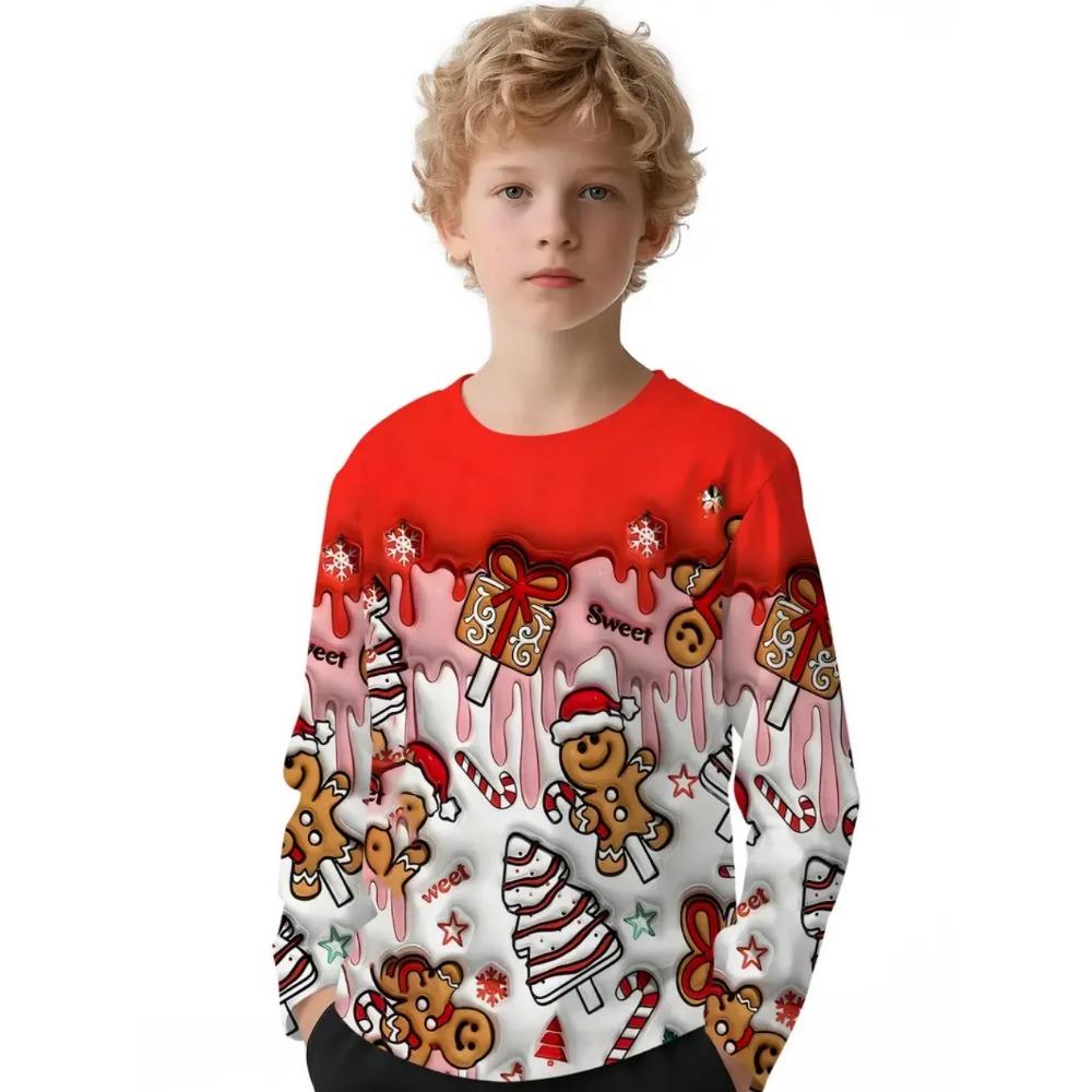 Spring and Autumn Round Neck Cute Santa Claus Pattern 3D Printed Top Fashionable Casual Long Sleeved Children's Boy T-shirts
