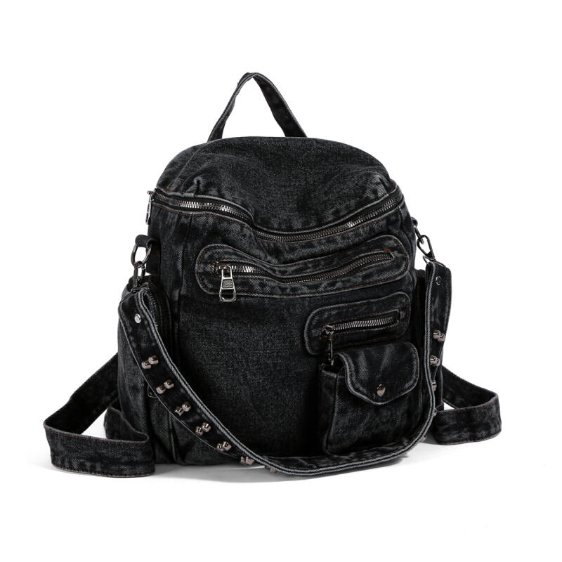 Vintage Denim Backpack Rivet Shoulder Bag Student Schoolbag Class Commuter Backpack