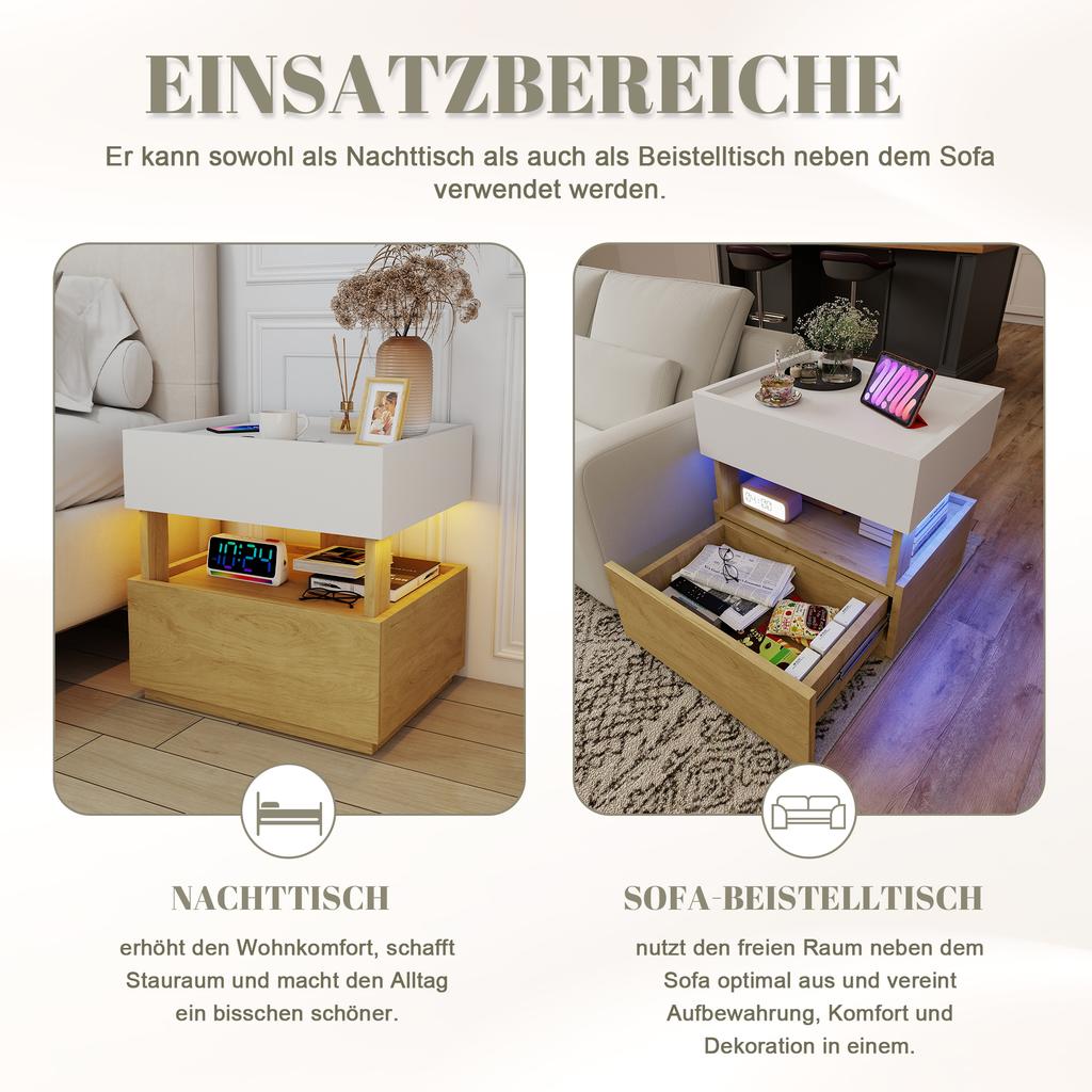 Modern Two-Tier Nightstand in Industrial Style, Bedroom Side Table with Two Drawers, Mood Lighting, Suitable for Living Room (White and Natural Wood)