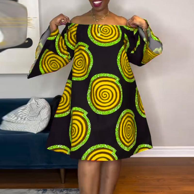 

Женское повседневное платье большого размера с открытыми плечами и длинными рукавами с принтом 4XL жёлтый