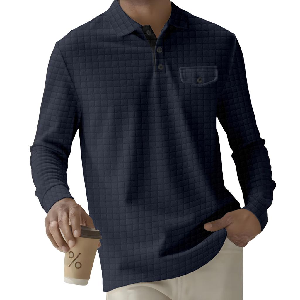 Men's Solid Color Plaid Button Lapel Pocket Long Sleeve Top Men's Casual Fashion Long Sleeve Top