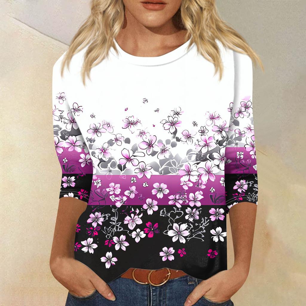 Women's Fashion Casual Seven Sleeve Printed Round Neck T-Shirt Top