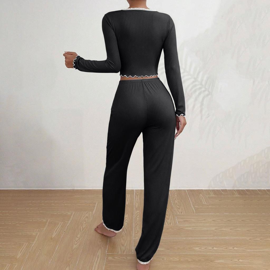 Pijamas de Roupa de Casa Feminina Calças de Manga Comprida Soltas e Confortáveis Conjunto de Duas Peças de Renda Sexy