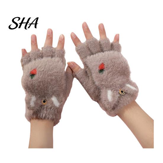 Cute Bear Paw Thermal Mittens Furry Cat Gloves, Flip Top Mitten with Button for Women, Winter Fluffy Plush Accessories Half Finger Gloves Print