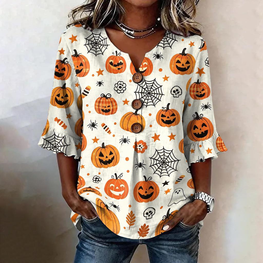 Women's Casual V-Neck Ruffle Sleeve Loose Fit Blouse, Halloween Print Top with All-Over Pattern