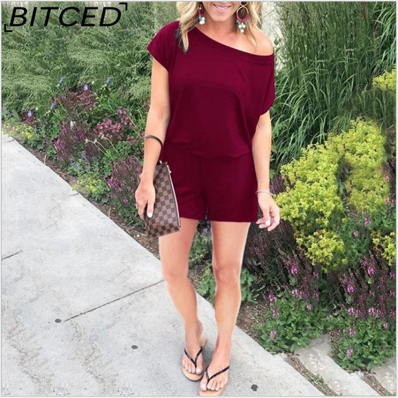 BITCED Women's Spring and Summer Fashion Slant Shoulder Short Sleeve Pocket Jumpsuit