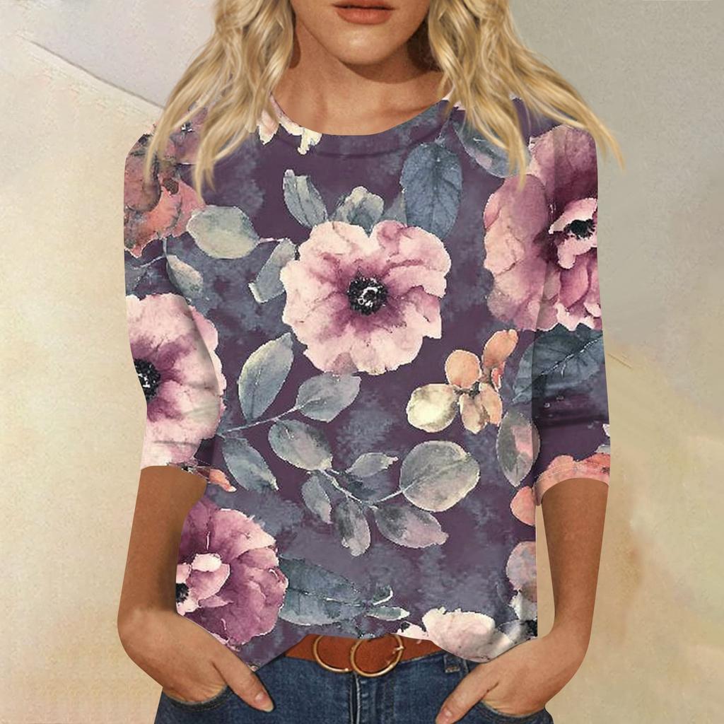 Women's Fashion Casual Round Neck Three Quarter Sleeve Printed T-Shirt Top