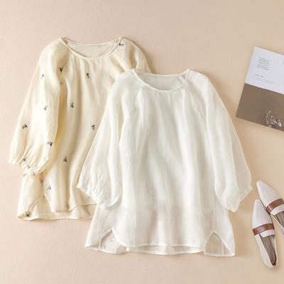 Sommer-Oberteil aus reiner Baumwolle mit 7-Zoll-Ärmeln, bestickt, locker, lässig, Pullover aus Baumwolle und Leinen, Blusen und Hemden