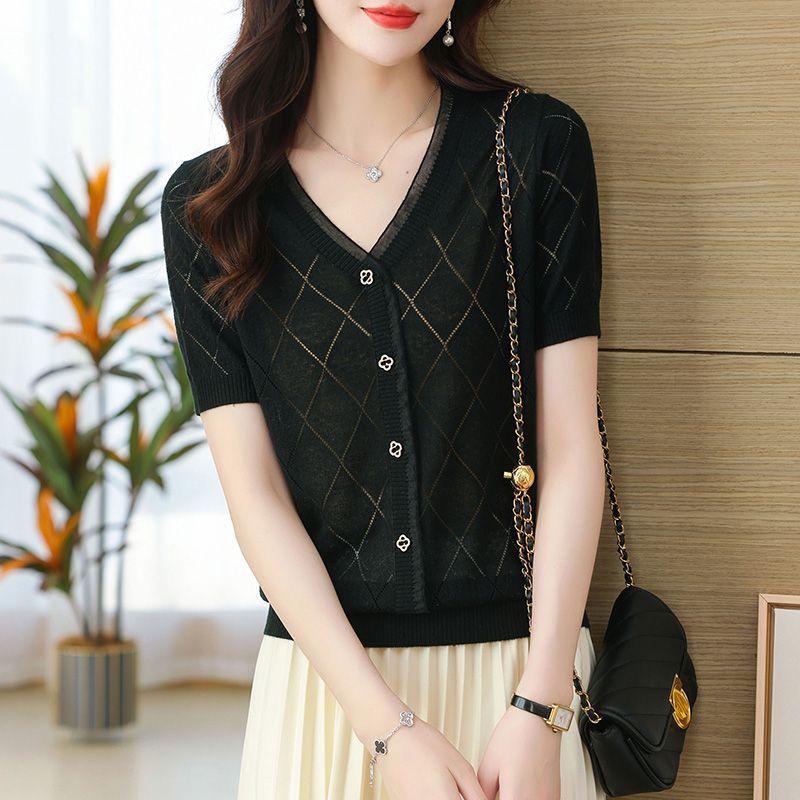Summer V-neck Knitted T-shirt for Women Ice Silk Knit Sweater Loose and Thin Short Top