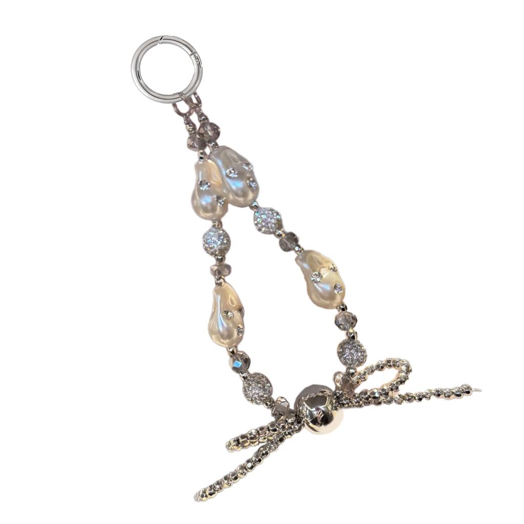 Unique Irregular Pearl Bow Keychain Alloy Beads Crystal Rhinestones Accent Phone Chain Fashion Jewelry Gift