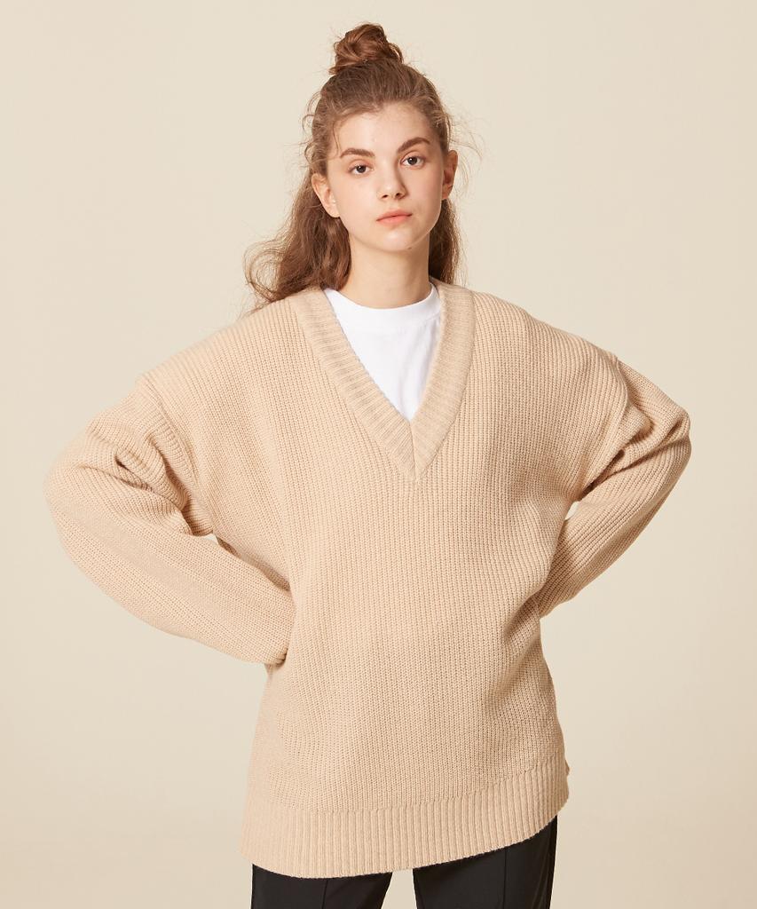 BLOND9 V-Neck Rib Knit Sweater_Beige