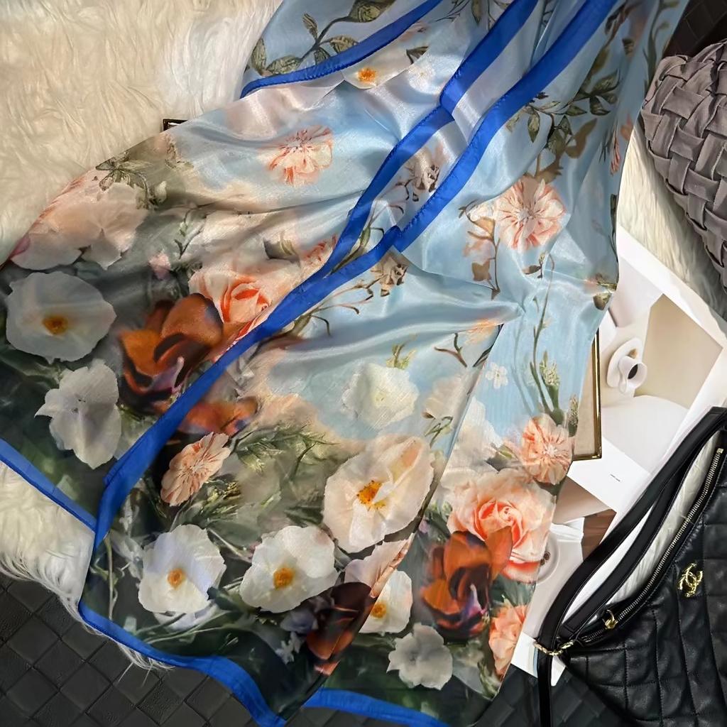 Bysifa|Blue White Silk Scarf Shawl Fall Winter Women Long Scarves Butterflies Design Summer Ladies Beach Silk Wrap Foulard