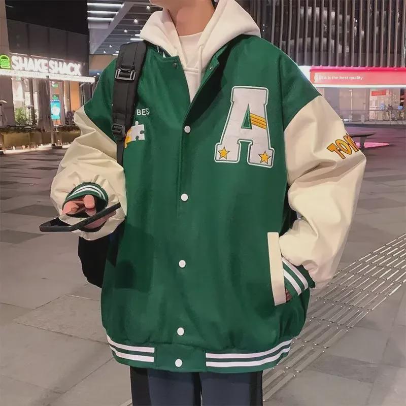 Men's Retro High Street Baseball Jacket: Autumn Fashion, Contrast Stitching, Loose Fit with Letter Embroidery