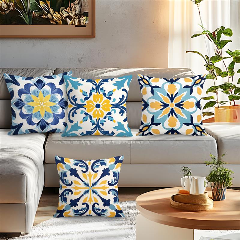 Home Decor Exquisite Blue-Yellow Floral Pattern Pillow Covers Pattern Cushion Cover Suitable for Sofa Bedroom Car Pillow Cover