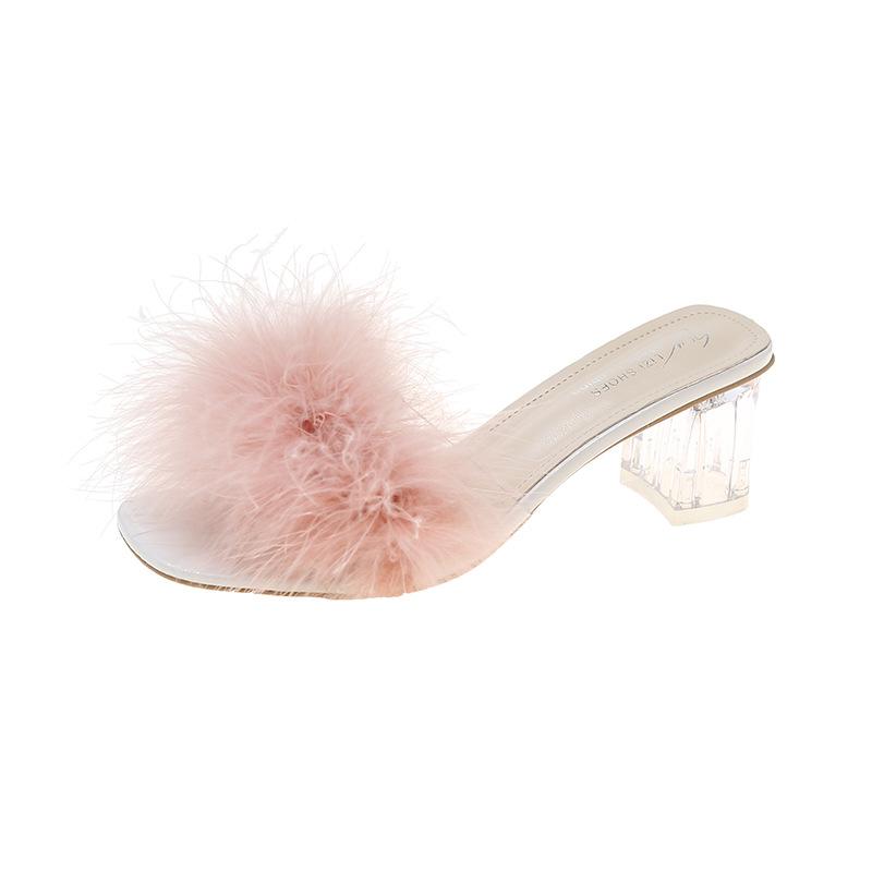 Fashion fluffy slippers women's spring and summer 2025 new open-toed square head thin heel Internet celebrity outer wear high heel half drag women