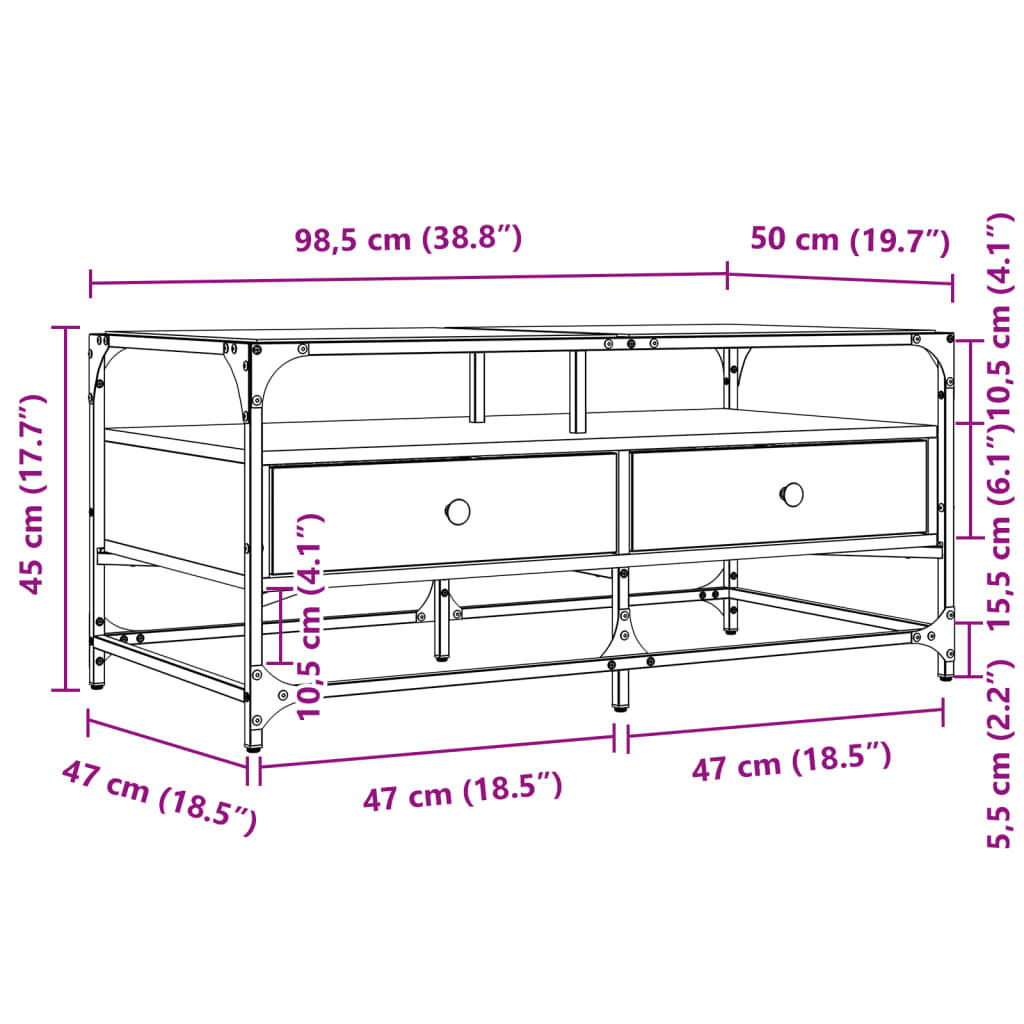 Coffee Table with Glass Top Sonoma Oak Finish 98.5 X 50 X 45 Cm Steel