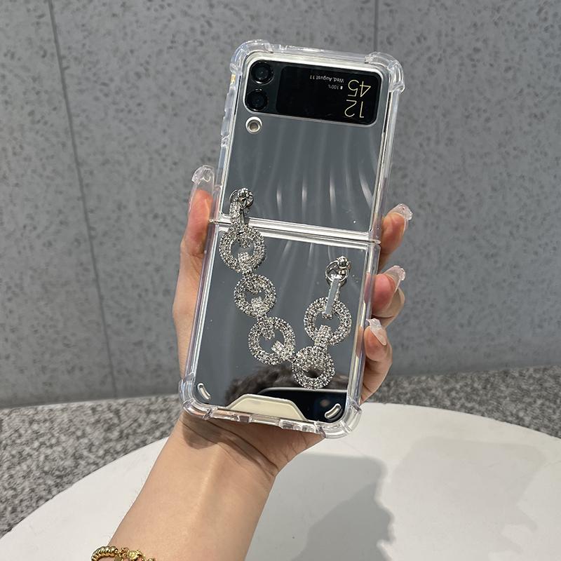 Silbernes Make-up Silikon Airbag Stoßfestes Handyhülle Für Samsung Galaxy Z Flip 3 5g Rückseite Mit Tragbarem Strass-Armband