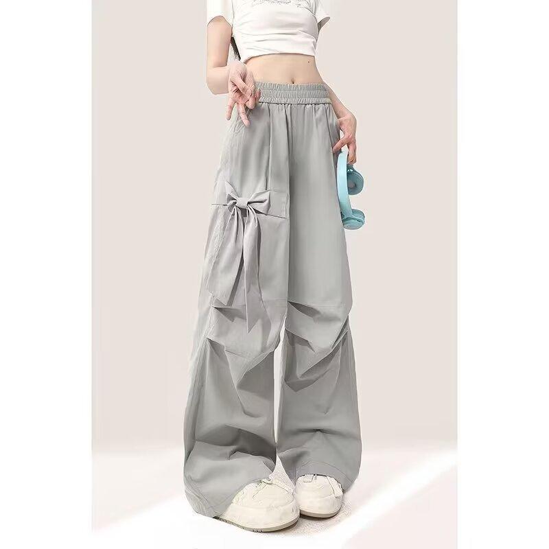 Design Bow Grey Tooling Casual Pants Women s Summer New Elastic High Waist Loose Wide Leg Pants Women s S