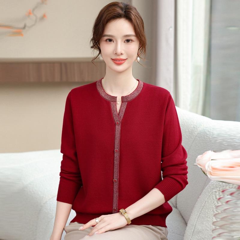 Light mother spring and autumn new collar long-sleeved color matching loose fashion casual bottoming shirt women's knitted sweater top