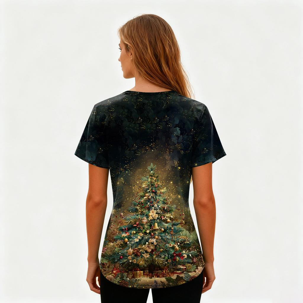 Ladies' Fashionable V-neck Pocket Short Sleeved Christmas Tree Printed Caregiver Uniform
