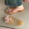 Fairy Wind Bag Head Cool Slippers Female 2025 Summer New Beaded Flat-bottomed Slippers Sweet Bow Water String Shoe Flower