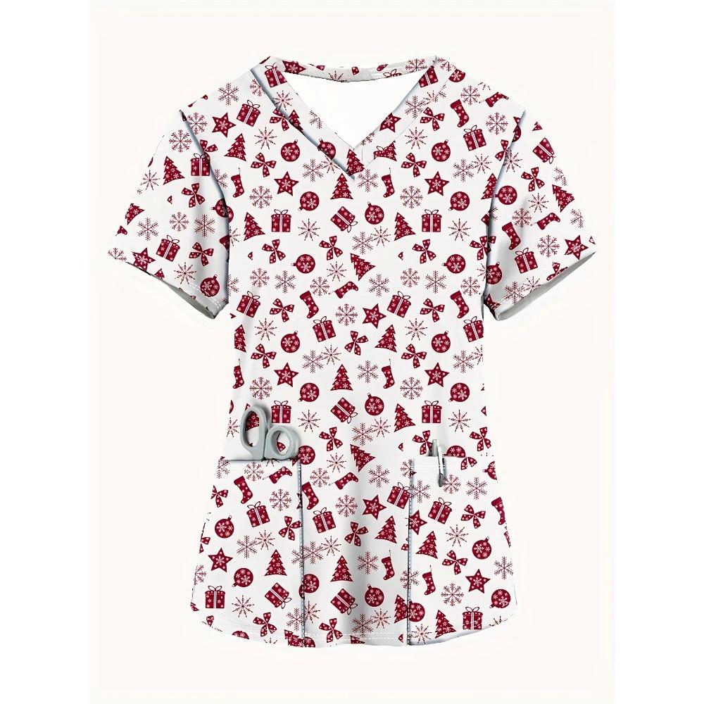 Surgical Uniforms Woman Women's Cute Cartoon Dog Print V-Neck Short Sleeve Top - Breathable Summer Shirt with Pockets