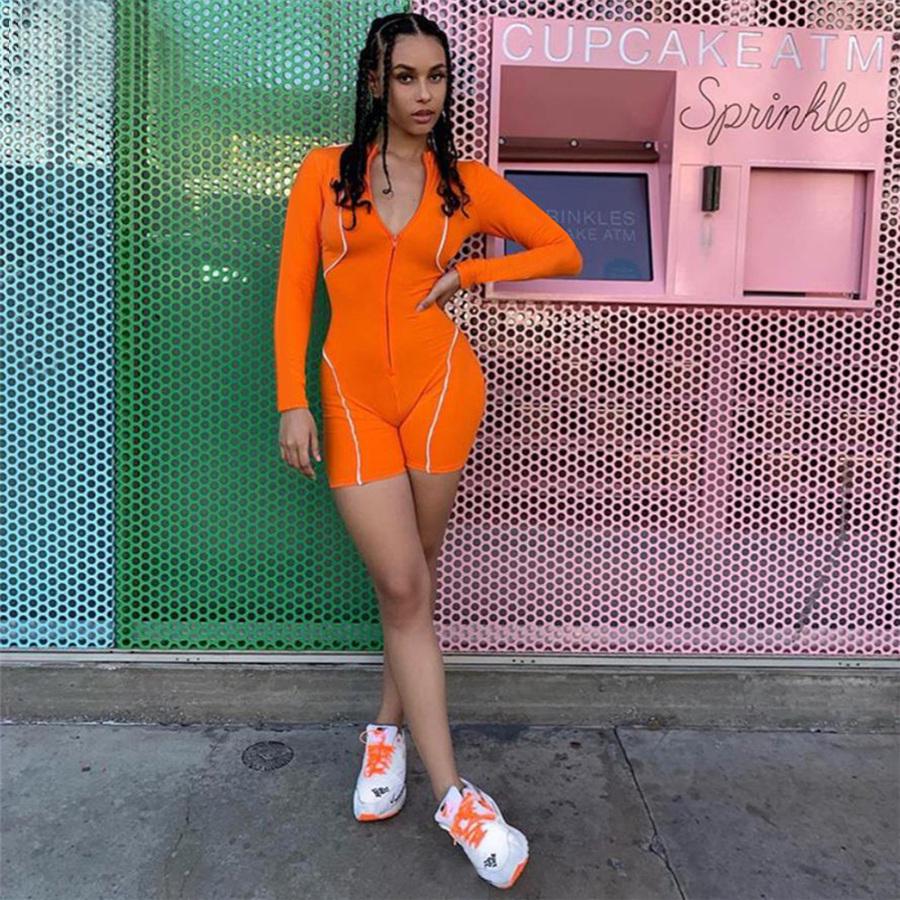 SCIONE Women Playsuit Full Sleeve Zipper Fly Reflective Striped Patchwork Rompers Skinny Bodysuits