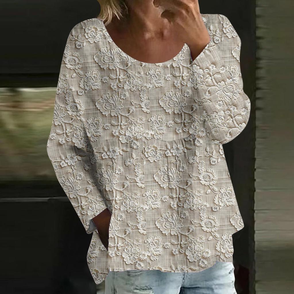 Damen Casual Mode Locker Rundhals Blumenmuster Langarm Oberteil