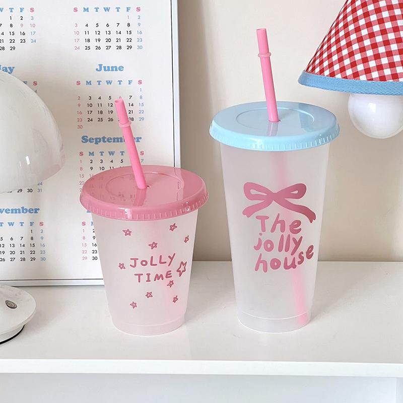 1Pc Ins Portable Reusable Drinking Bottle Kawaii Water Bottle For Coffee Juice Milk Tea Cute Plastic Cold Cups With Straw Lid