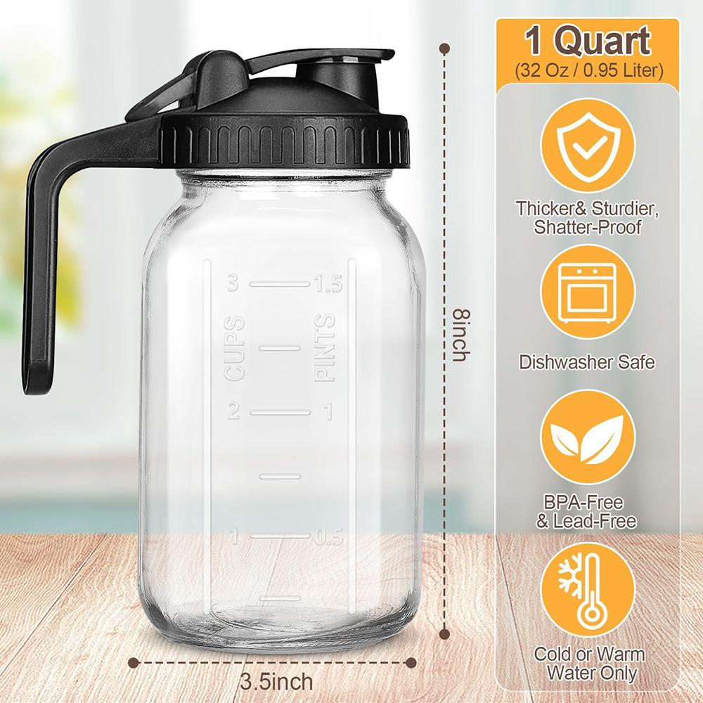 

Glass Mason Jars with Double Leak-Proof Lid & Pour Spout Handle - Wide Mouth Pitcher for Breast Milk, Coffee Creamer, Sun Tea