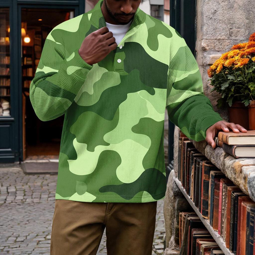 Men's Vintage Corduroy Printed Quarter-Zip Pullover with Stand Collar and Pocket, Long Sleeve Casual Top