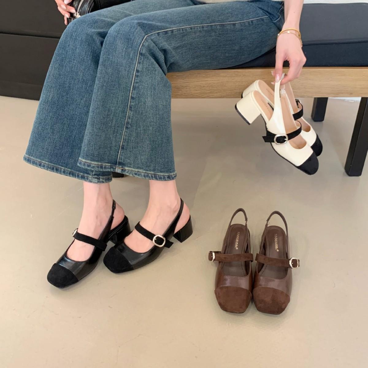 

2025 winter new round head thick heel shallow mouth one word with buckle middle heel Mary Jane women s shoes 39 коричневый